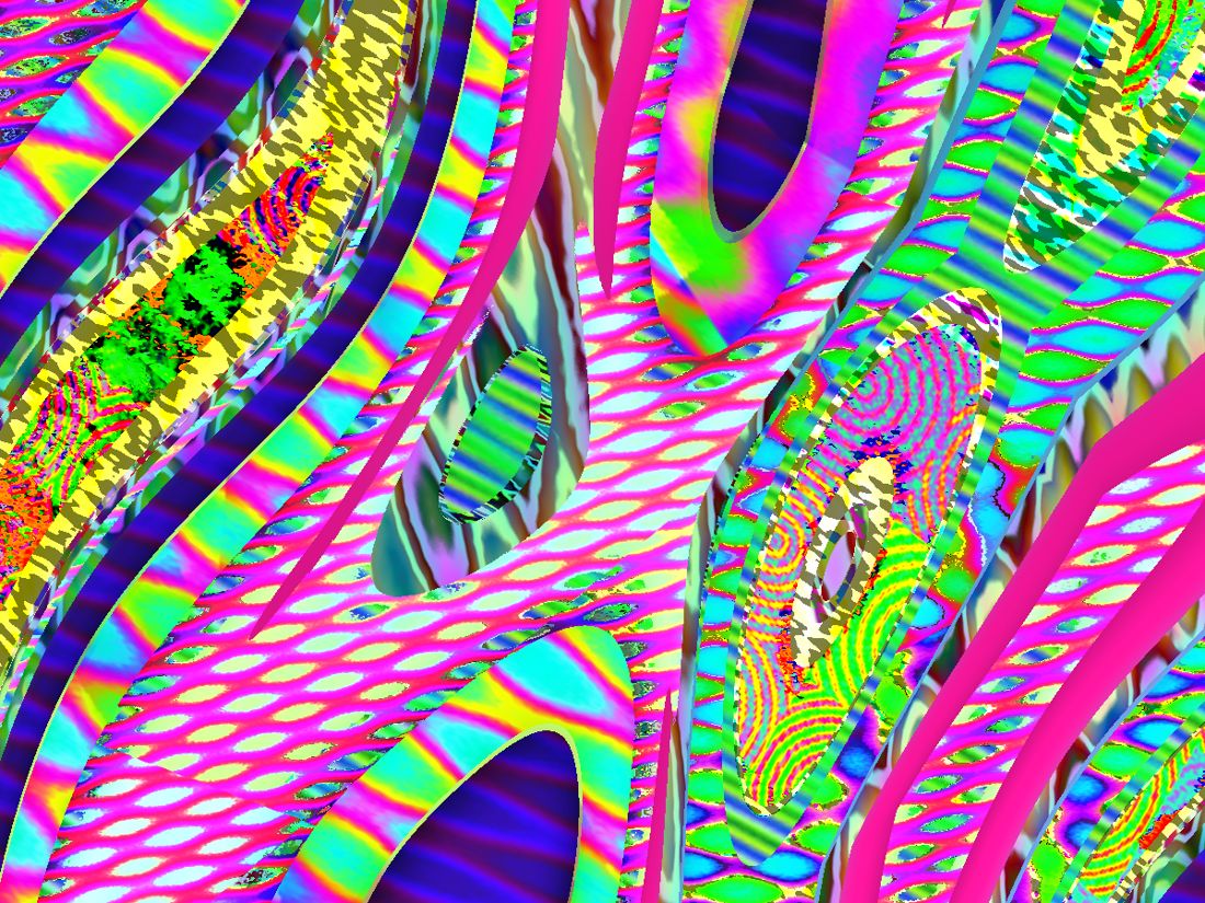 Flowing pink and green ribbon shapes filled with patterns