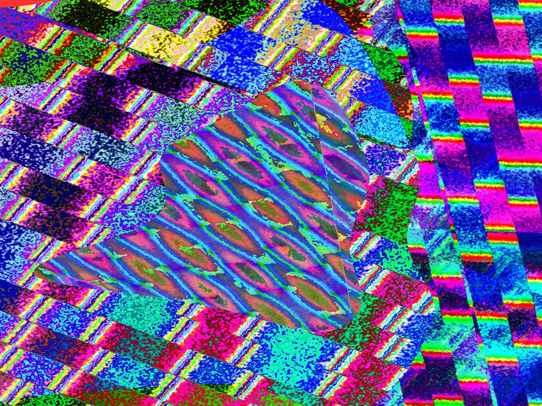Woven rainbow stripes behind a patterned heart shape