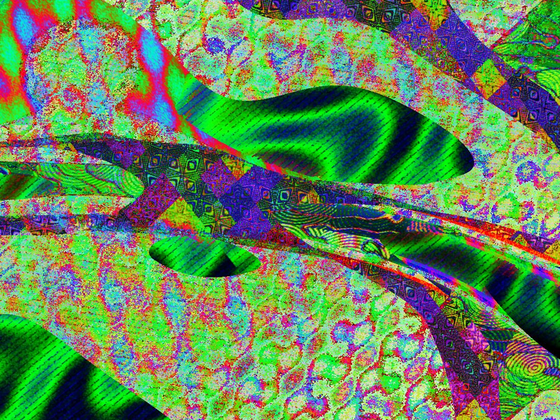 Acid green swooping shapes over speckled texture