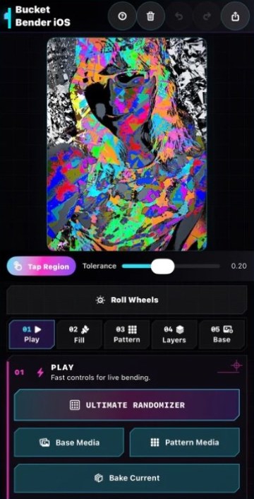 Bucket Bender iOS interface showing a glitched portrait and the Play panel with the Ultimate Randomizer button