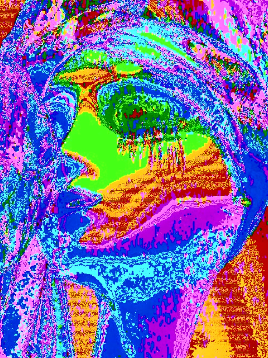 Close-up face and eye fractured into rainbow color bands