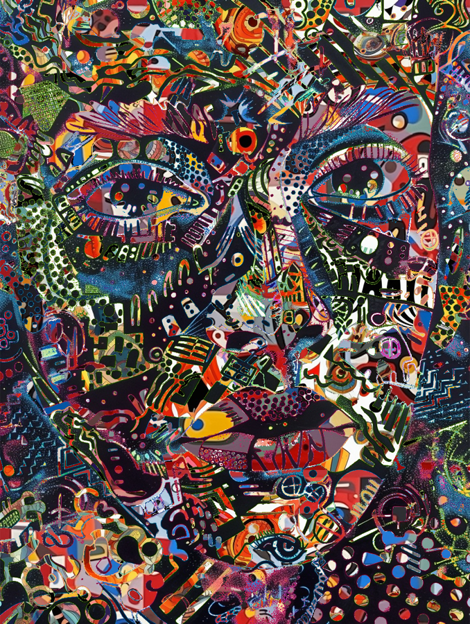 Layered faces, eyes, and patterned fragments in saturated colors