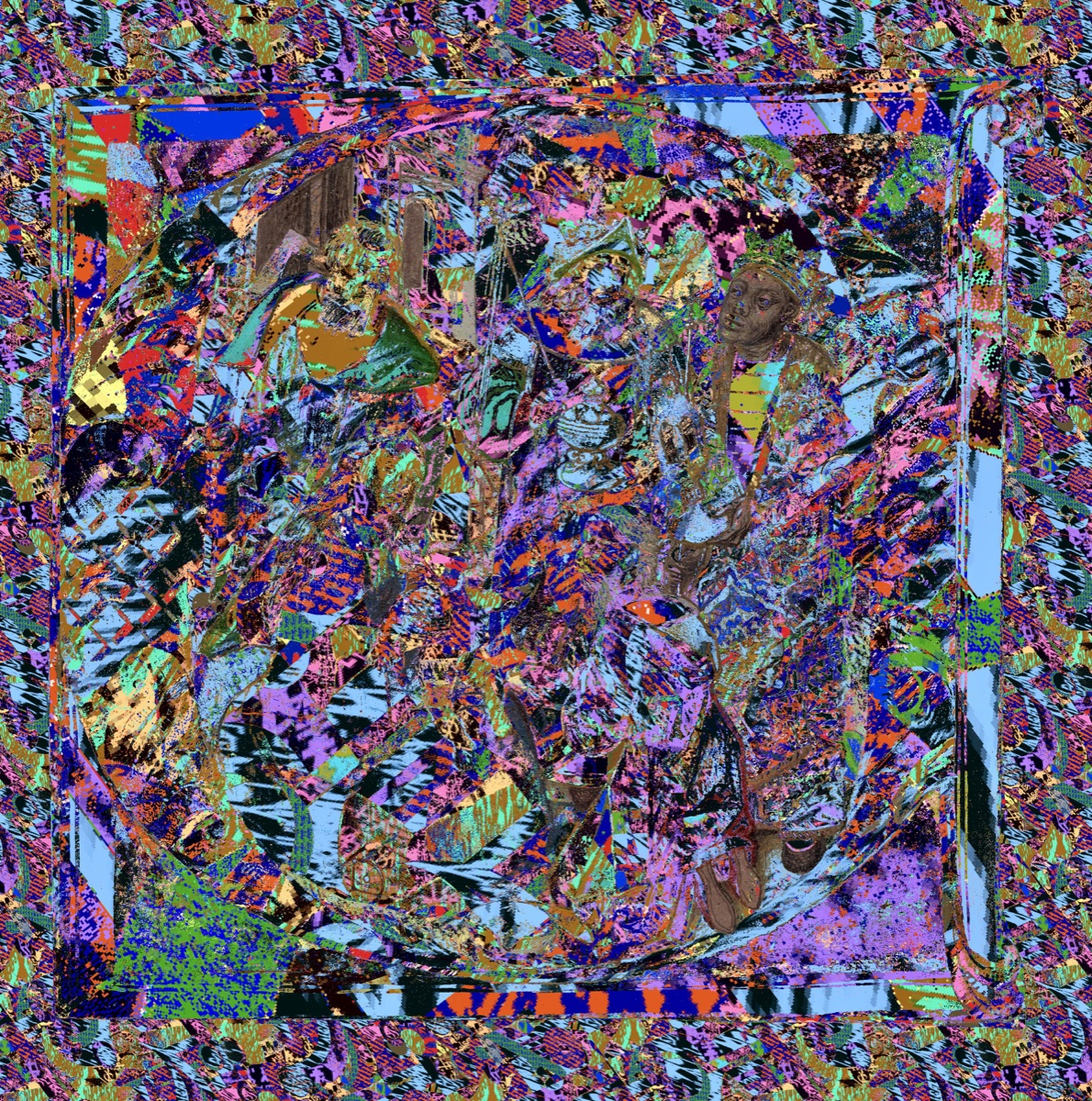 Gray and violet collage of tangled shapes inside a patterned border