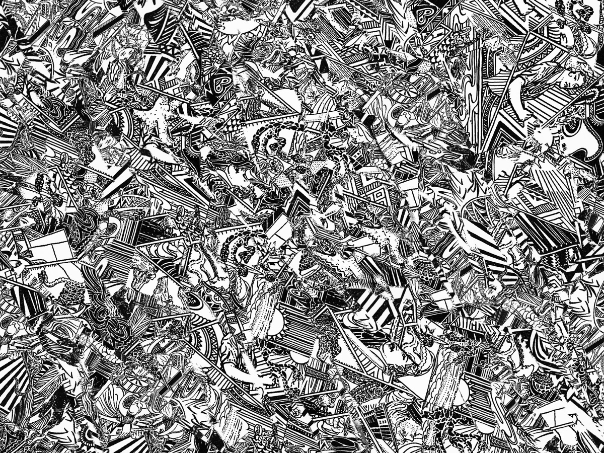 Black and white shards woven into a dense abstract field